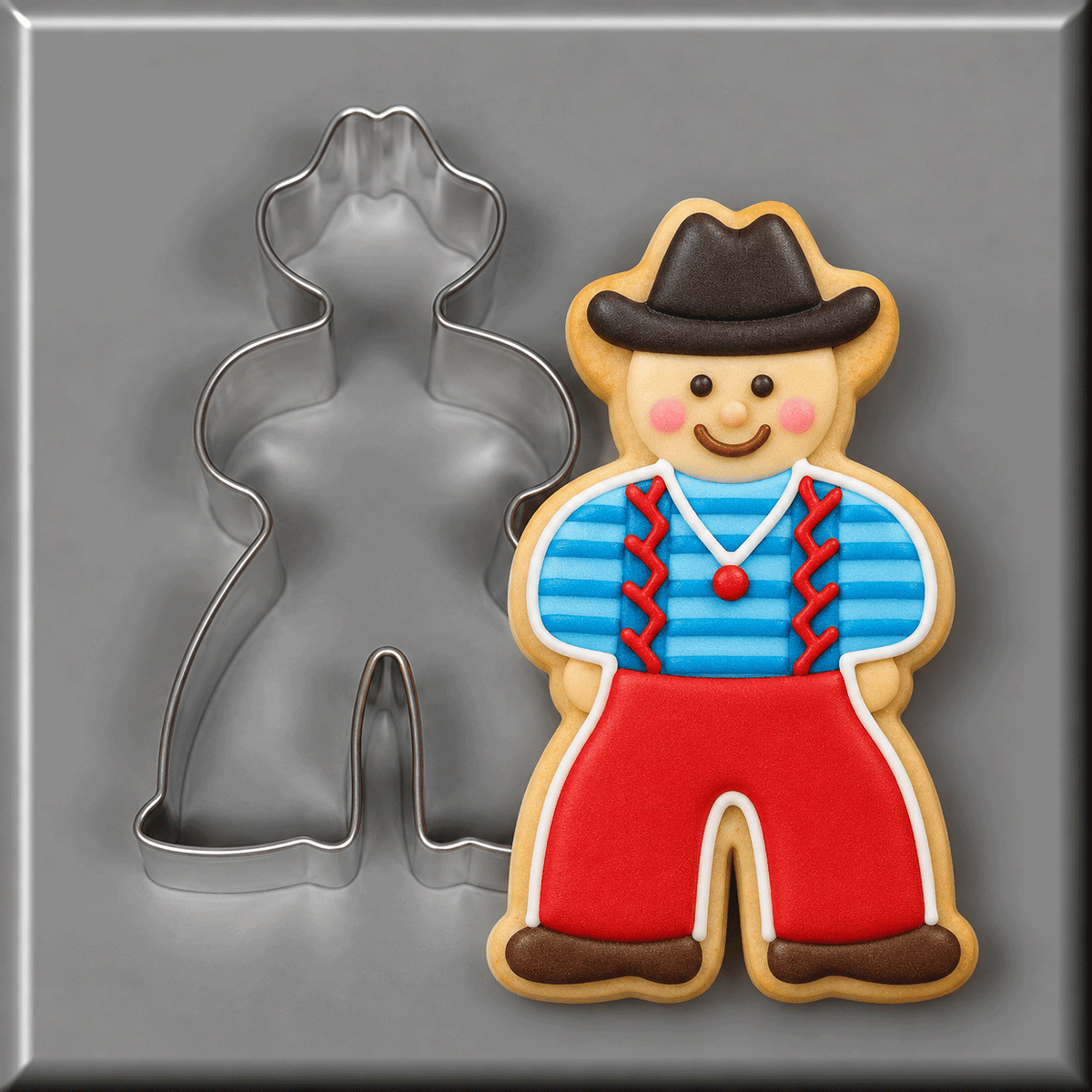 Farmer cookie and a 4 inch Farmer Cowboy Metal Cookie Cutter