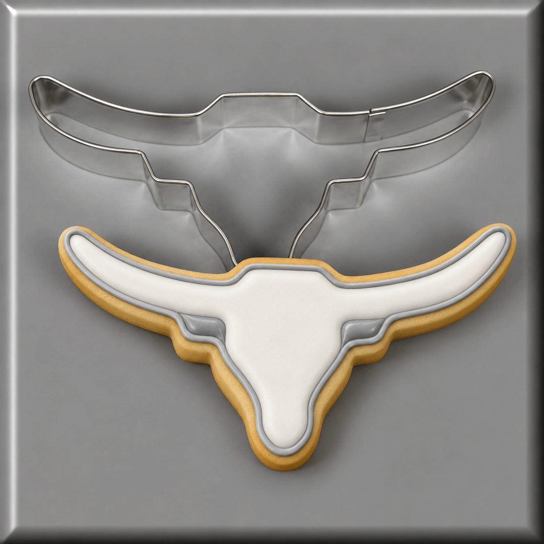 White longhorn decorated cookie and a 4 inch Longhorn Metal Cookie Cutter