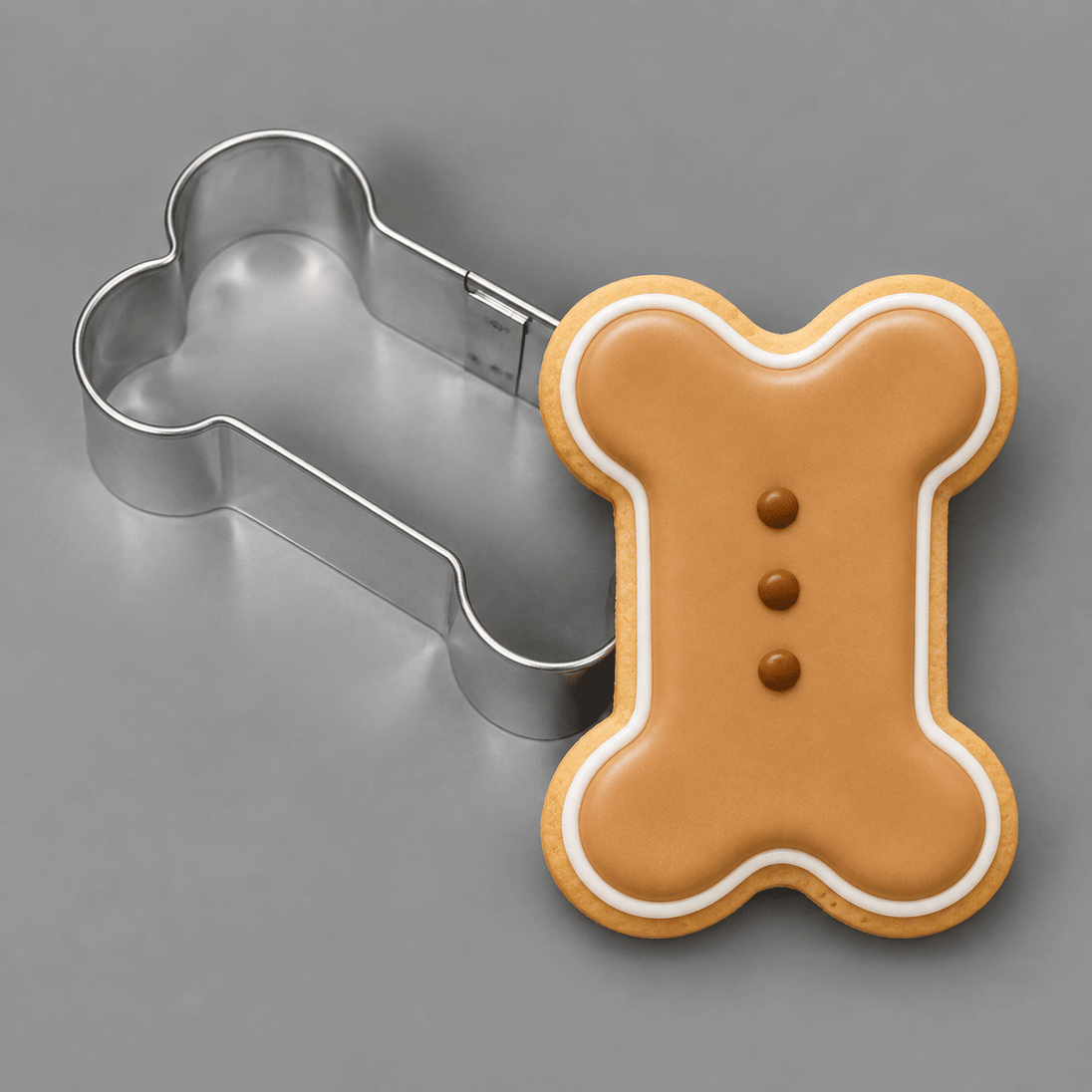 Dog bone cookie next to a 2 inch Mini Dog Bone Metal Cookie Cutter