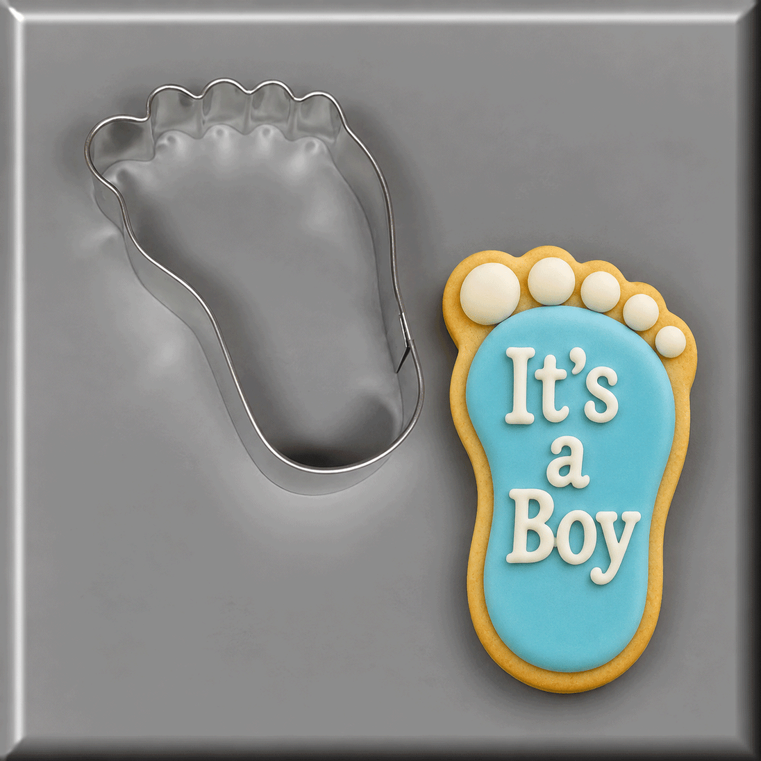 Blue foot cookie that says It's a Boy and a 3.5 inch Right Foot Metal Cookie Cutter