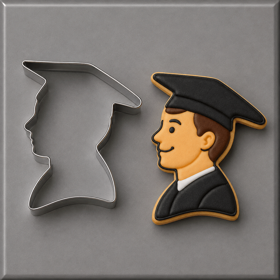 A 4.25 inch Graduation Boy Metal Cookie Cutter is shown next to a decorated sugar cookie in the same shape, featuring a black cap and gown with brown hair and a white collar, on a gray background.