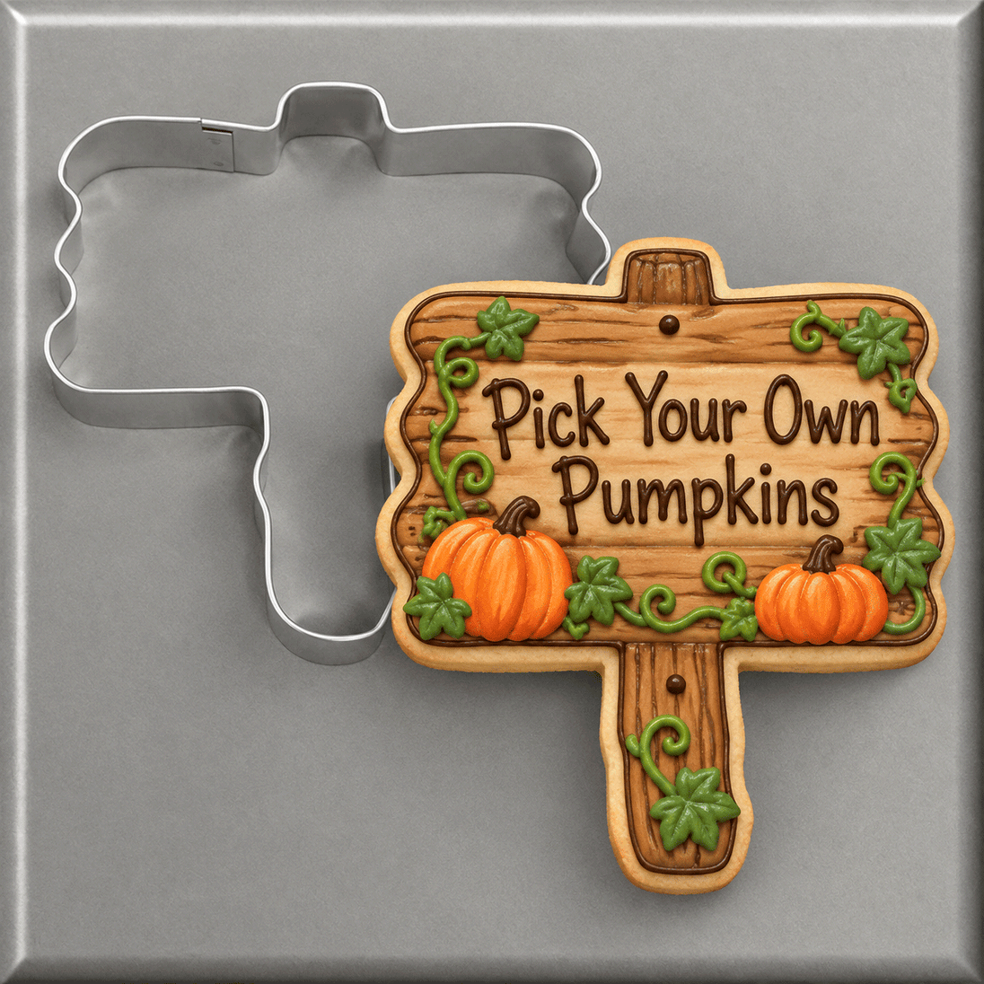 Pick your own pumpkins wooden sign cookie and a 4.25 inch Wooden Sign Metal Cookie Cutter
