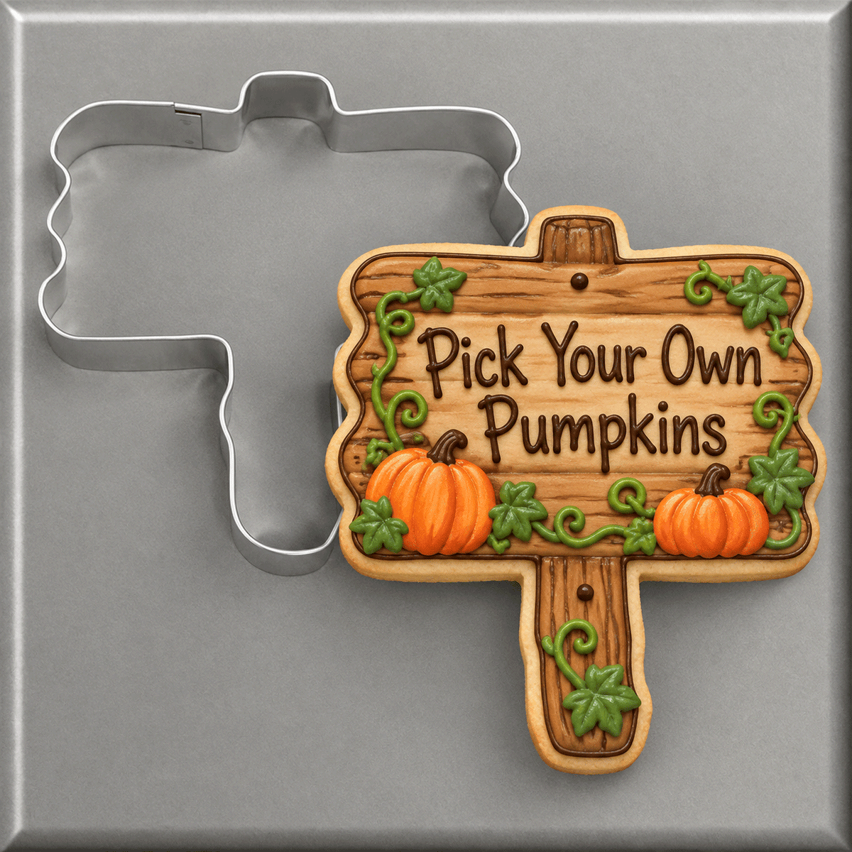 Pick your own pumpkins wooden sign cookie and a 4.25 inch Wooden Sign Metal Cookie Cutter