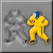 A 5 inch Football Player Metal Cookie Cutter is shown next to a decorated example cookie of the same design, featuring a yellow uniform, blue helmet, and brown football on a gray background.