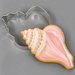 A seashell-shaped decorated cookie with pink and white icing and tan edges, shown next to a 3 inch Conch Seashell Metal Cookie Cutter on a smooth gray background.