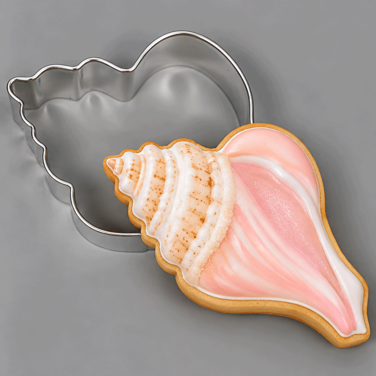 A seashell-shaped decorated cookie with pink and white icing and tan edges, shown next to a 3 inch Conch Seashell Metal Cookie Cutter on a smooth gray background.