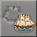 A 4.25 inch Pirate Tall Sailing Ship Metal Cookie Cutter is shown next to a decorated sugar cookie in the same ship silhouette, featuring cream sails, a brown hull, and blue waves on a gray background.