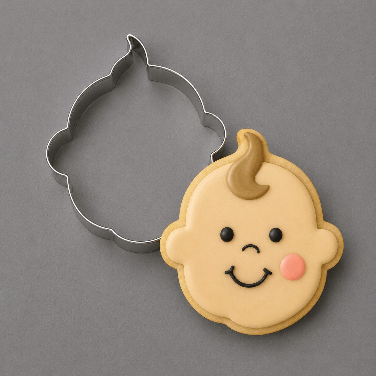 A baby-shaped sugar cookie with light beige icing, decorated with a smiling face, black eyes and mouth, a pink cheek, and a brown tuft of hair, shown next to a 4.25 inch Baby Face Metal Cookie Cutter on a gray background.