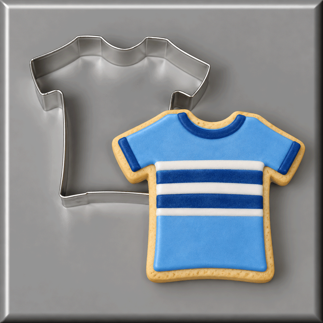 A blue striped t-shirt cookie and a 4 inch T Shirt Metal Cookie Cutter