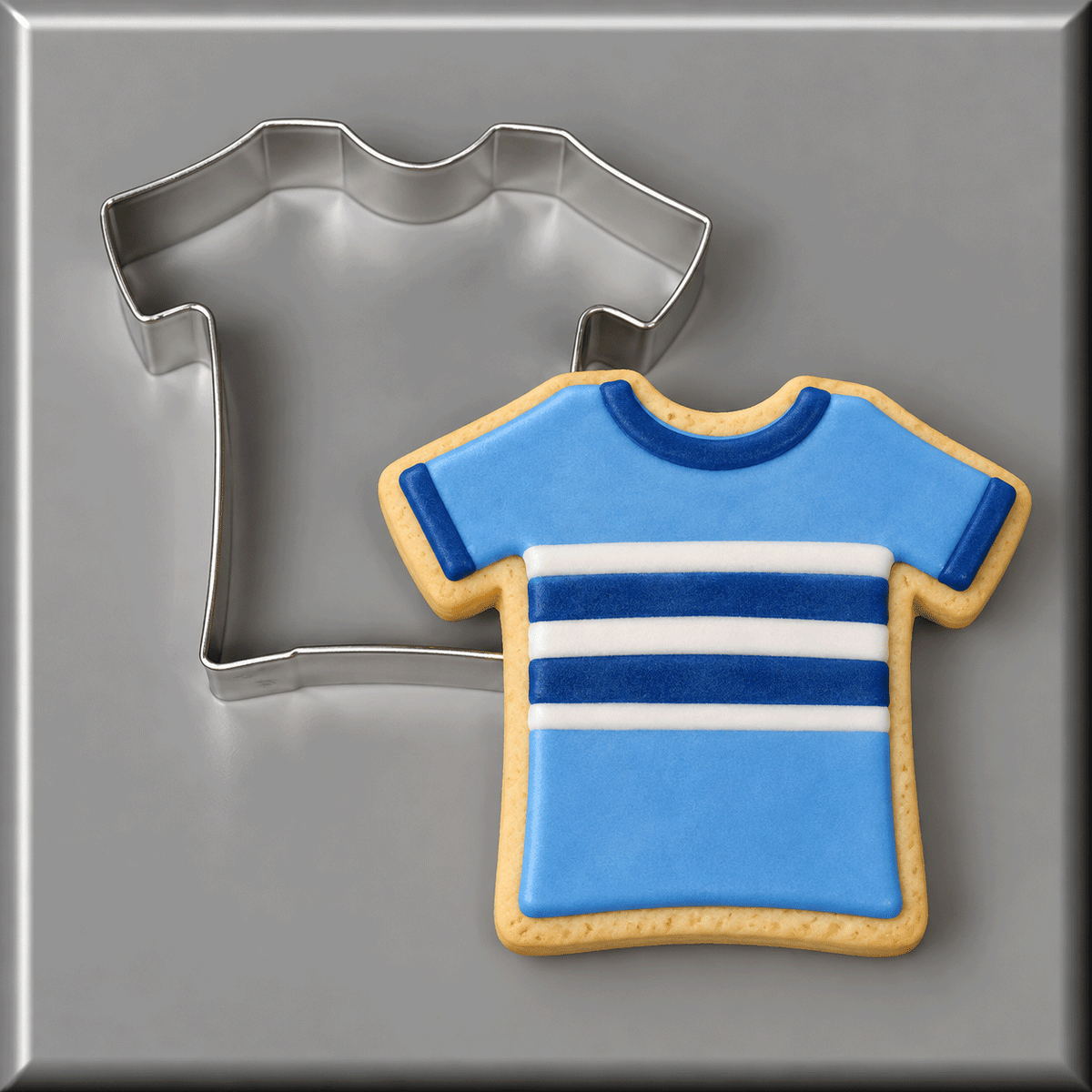 A blue striped t-shirt cookie and a 4 inch T Shirt Metal Cookie Cutter