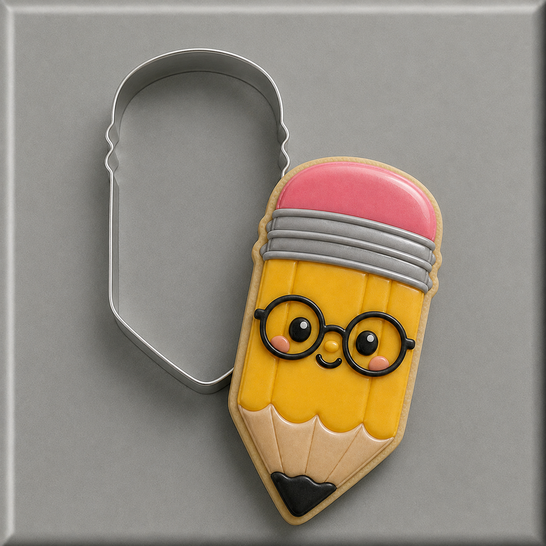 A decorated pencil-shaped cookie with a pink eraser, gray bands, black glasses, and a beige wood-grain tip, shown next to a metal cookie cutter on a gray background from a 4.5 inch Pencil Metal Cookie Cutter
