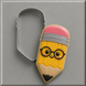 A decorated pencil-shaped cookie with a pink eraser, gray bands, black glasses, and a beige wood-grain tip, shown next to a metal cookie cutter on a gray background from a 4.5 inch Pencil Metal Cookie Cutter