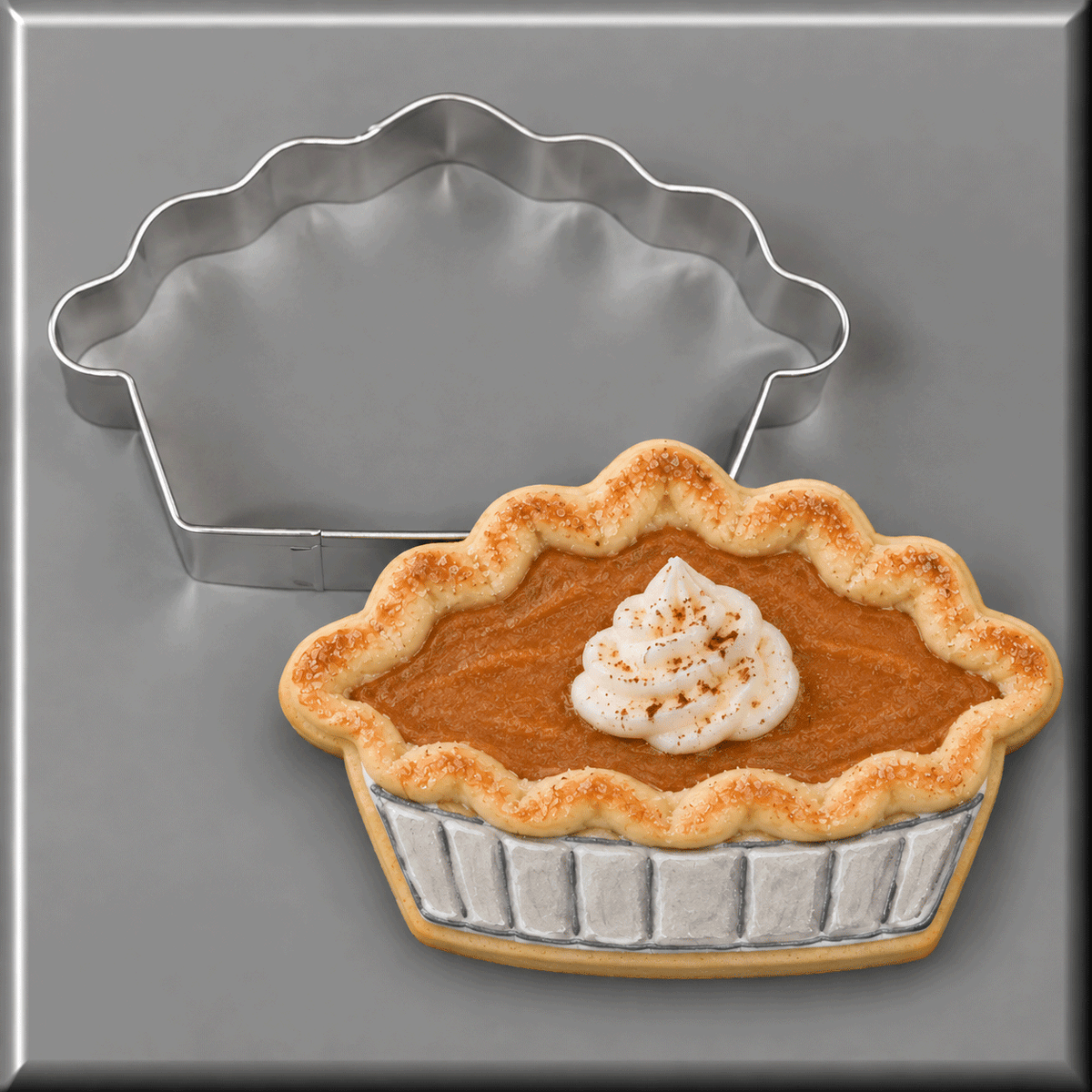 A pumpkin pie cookie and a 4.5 inch Pie Metal Cookie Cutter