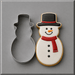 A 4.5 inch Snowman Metal Cookie Cutter shown next to a decorated snowman cookie on a smooth gray surface.