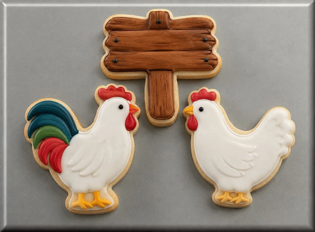 Two chicken-shaped cookies with a wooden sign on a metallic surface  made from 4.25 inch Rooster Metal Cookie Cutter, 4 inch Chicken Hen Metal Cookie Cutter, 4.25 inch Wooden Sign Metal Cookie Cutter