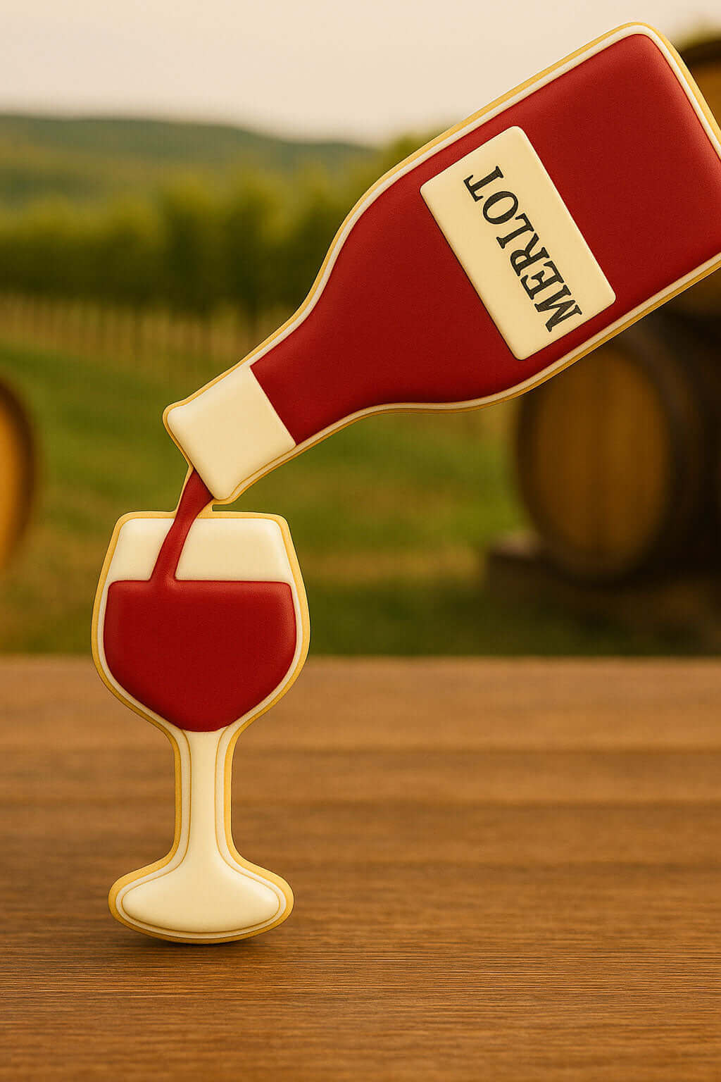 Decorative pin of a wine bottle labeled 'Merlot' pouring into a glass with a vineyard background from a 5.5 inch Wine Bottle Metal Cookie Cutter and 4 inch Wine Glass Metal Cookie Cutter