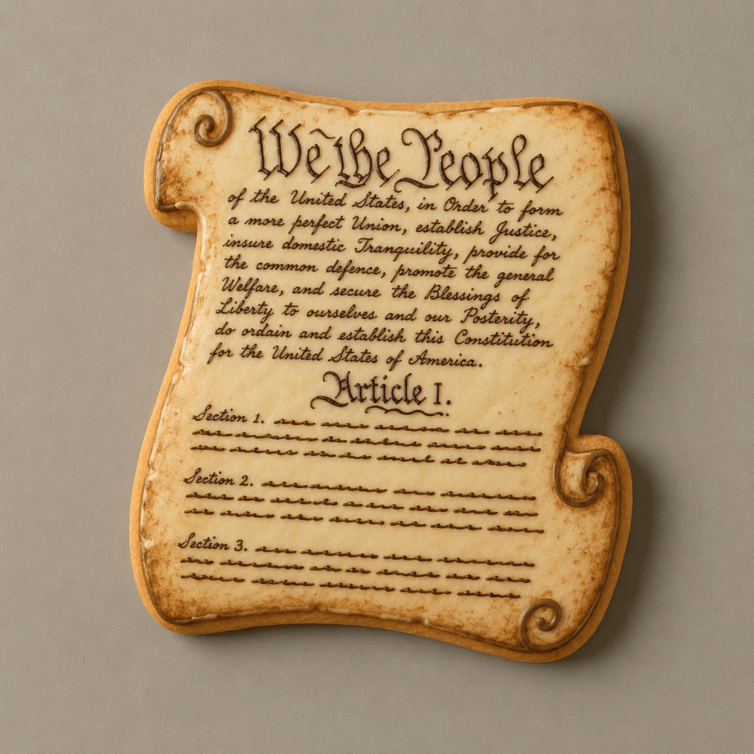 Cookie with text resembling the United States Constitution on a beige background from a 5 inch Santa Nice Naughty Scroll Metal Cookie Cutter