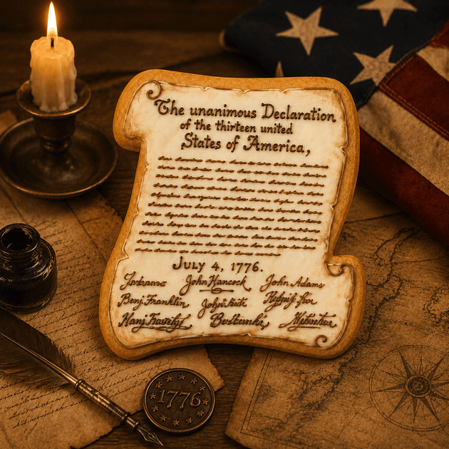 Cookie with text resembling the Declaration of Independence on a beige background from a 5 inch Santa Nice Naughty Scroll Metal Cookie Cutter