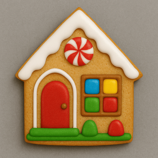 Decorative gingerbread house cookie with colorful window and candy on a gray background from a 5.5 inch Gingerbread House Gable End Metal Cookie Cutter 