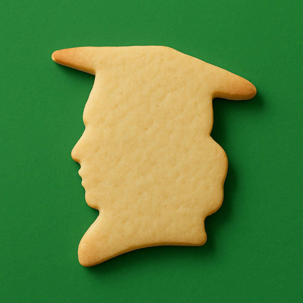 Cookie shaped like a graduation girl on a green background from a 3.75 inch Graduation Girl Metal Cookie Cutter