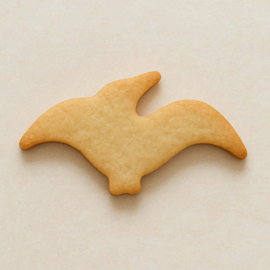 Biscuit shaped like a pterodactyl  on a beige background from a 4.75 inch Pterodactyl Metal Cookie Cutter