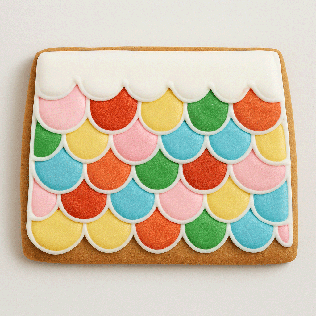 Colorful scalloped cookie on a plain background from a 6.56 inch Gingerbread House Roof Metal Cookie Cutter