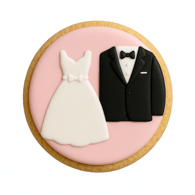 Decorative round cookie with a wedding dress and tuxedo on a pink background from a 2 inch Round Circle Biscuit Metal Cookie Cutter