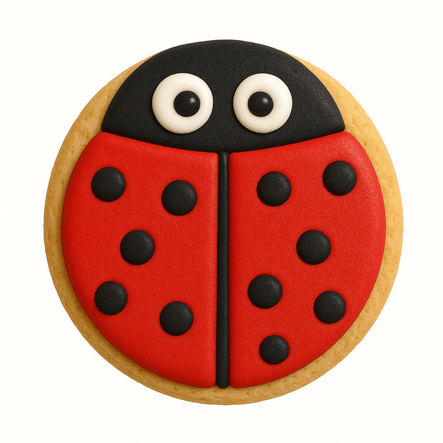 Cookie decorated like a ladybug with red body, black spots, and black head on a white background from a 4 inch Round Circle Biscuit Metal Cookie Cutter