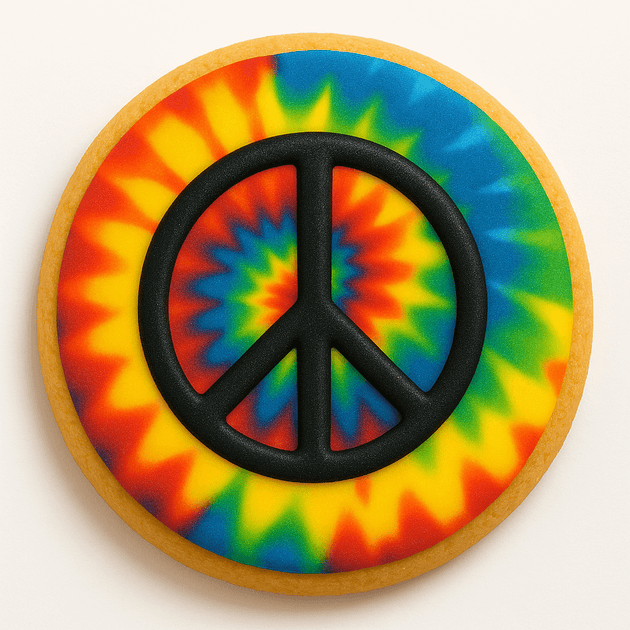 Tie-dye circular cookie with a peace symbol in the center on a white background from our 4.5 inch Round Circle Biscuit Metal Cookie Cutter