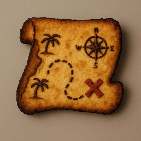 Pirate treasure map cookie with compass, palm trees, and X on a beige background from a 5 inch Santa Nice Naughty Scroll Metal Cookie Cutter