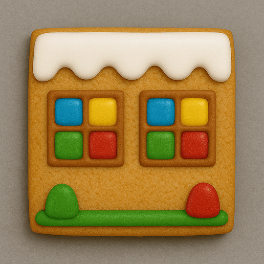 Gingerbread house cookie with colorful windows on a gray background from a 5.63 inch Gingerbread House Side Metal Cookie Cutter