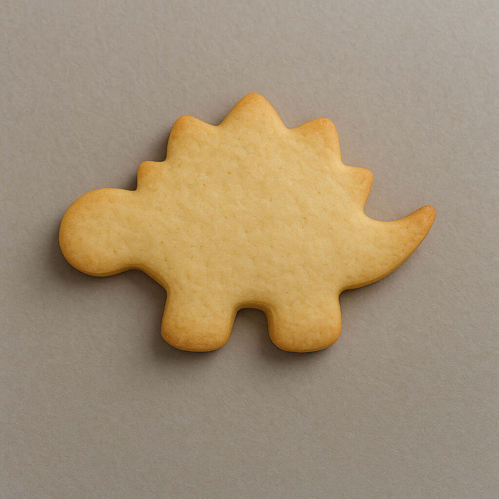 Plain stegosaurus-shaped cookie on a gray background from a 4 inch Stegosaurus Metal Cookie Cutter