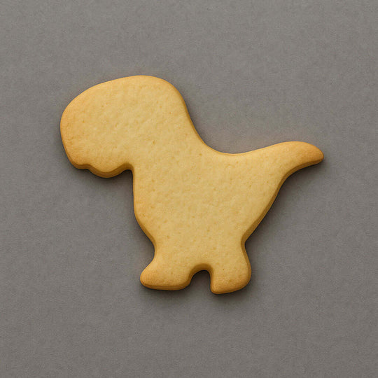 Plain T Rex-shaped cookie on a gray background from a 4 inch Tyrannosaurus T Rex Metal Cookie Cutter