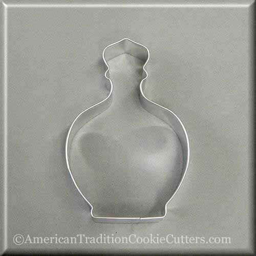 4.25 inch Perfume Potion or Genie Bottle Metal Cookie Cutter on a gray background.